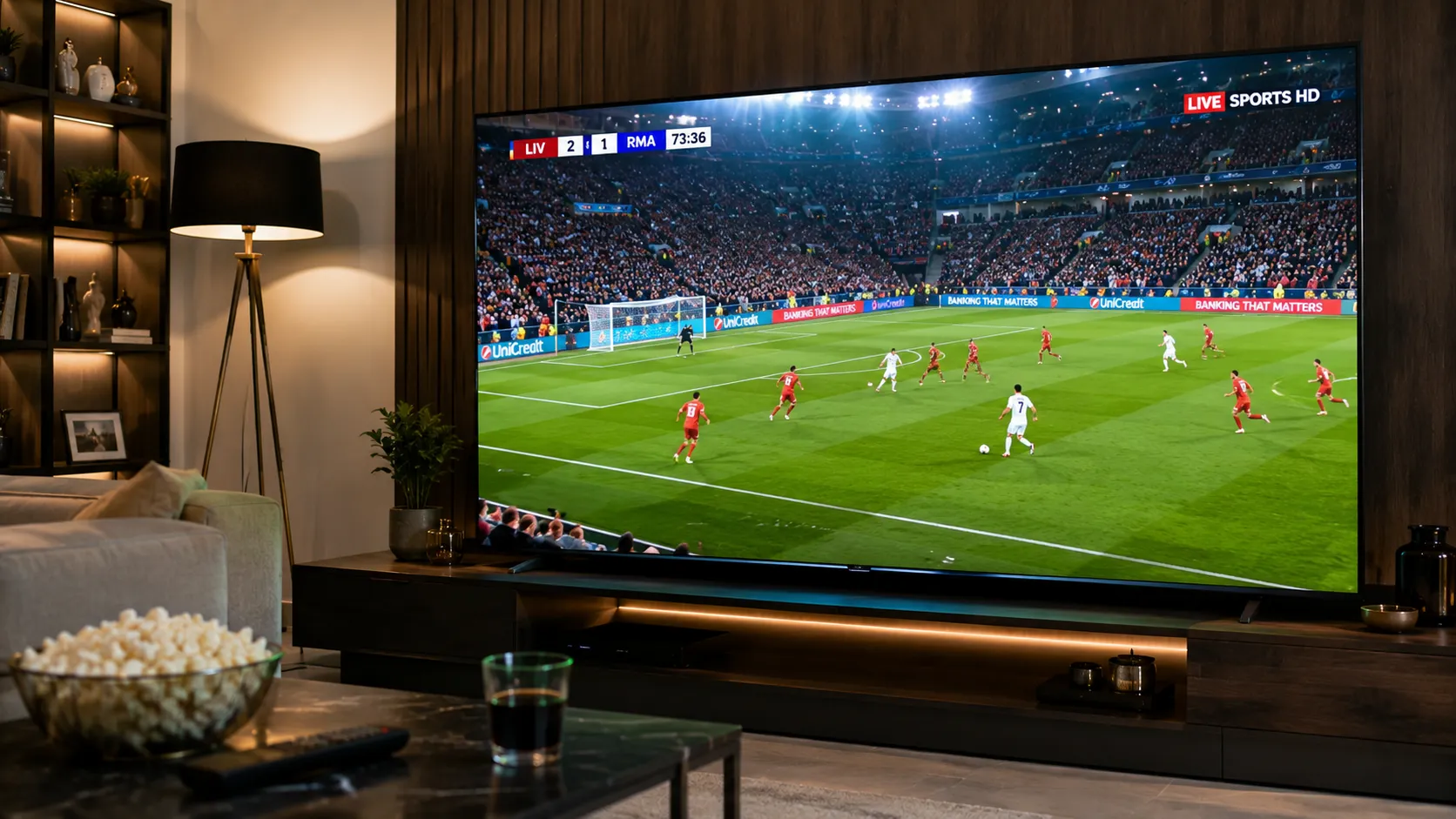 Authorized IPTV streaming service displayed on multiple screens in a US home showing legitimate licensed content with provider branding