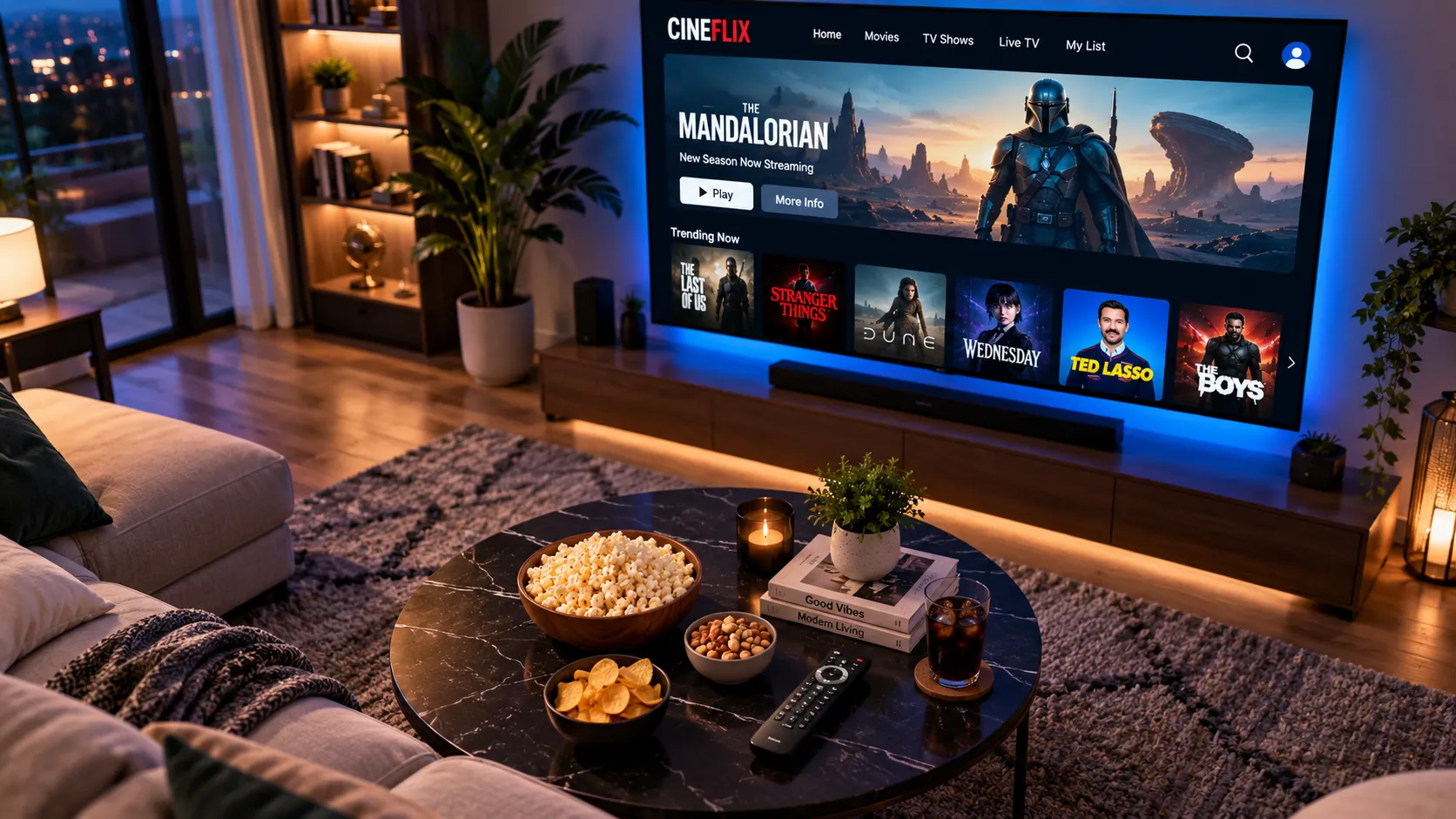 Collection of IPTV-compatible devices including Fire TV Stick, Smart TV, Android box, iPhone, and Apple TV