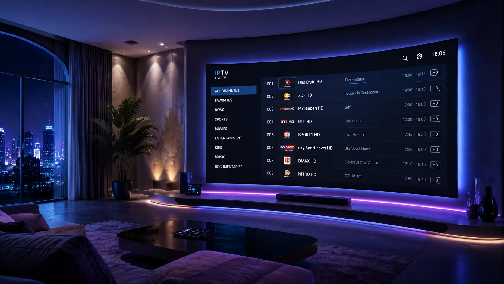 IPTV streaming device connected to a large screen TV in a US living room showing the channel guide and live stream