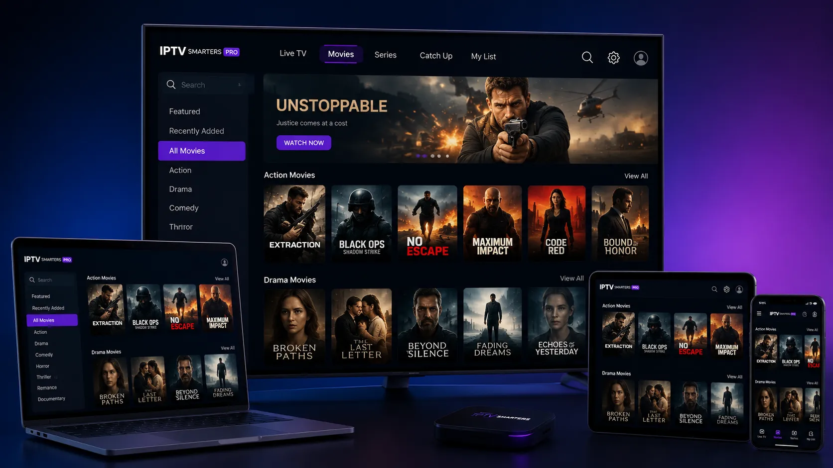 Multiple IPTV player app interfaces shown side by side on Fire TV, Android, and iPhone screens demonstrating TiviMate and IPTV Smarters Pro