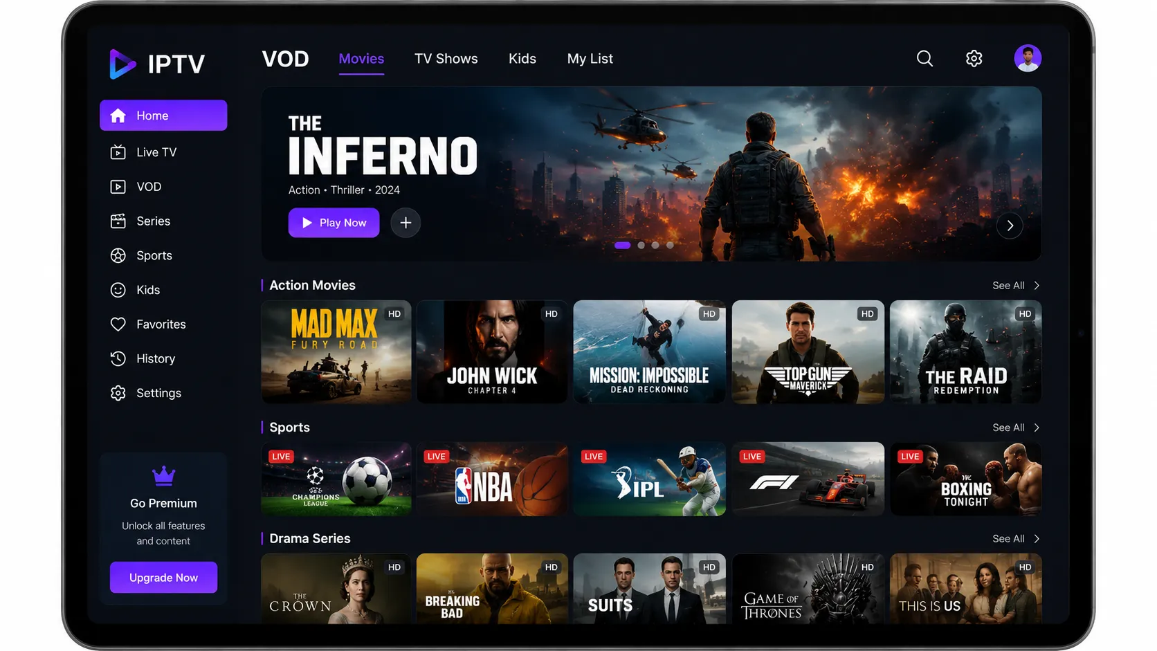 IPTV Smarters Pro player interface running on Amazon Fire TV Stick showing channel categories and live stream navigation