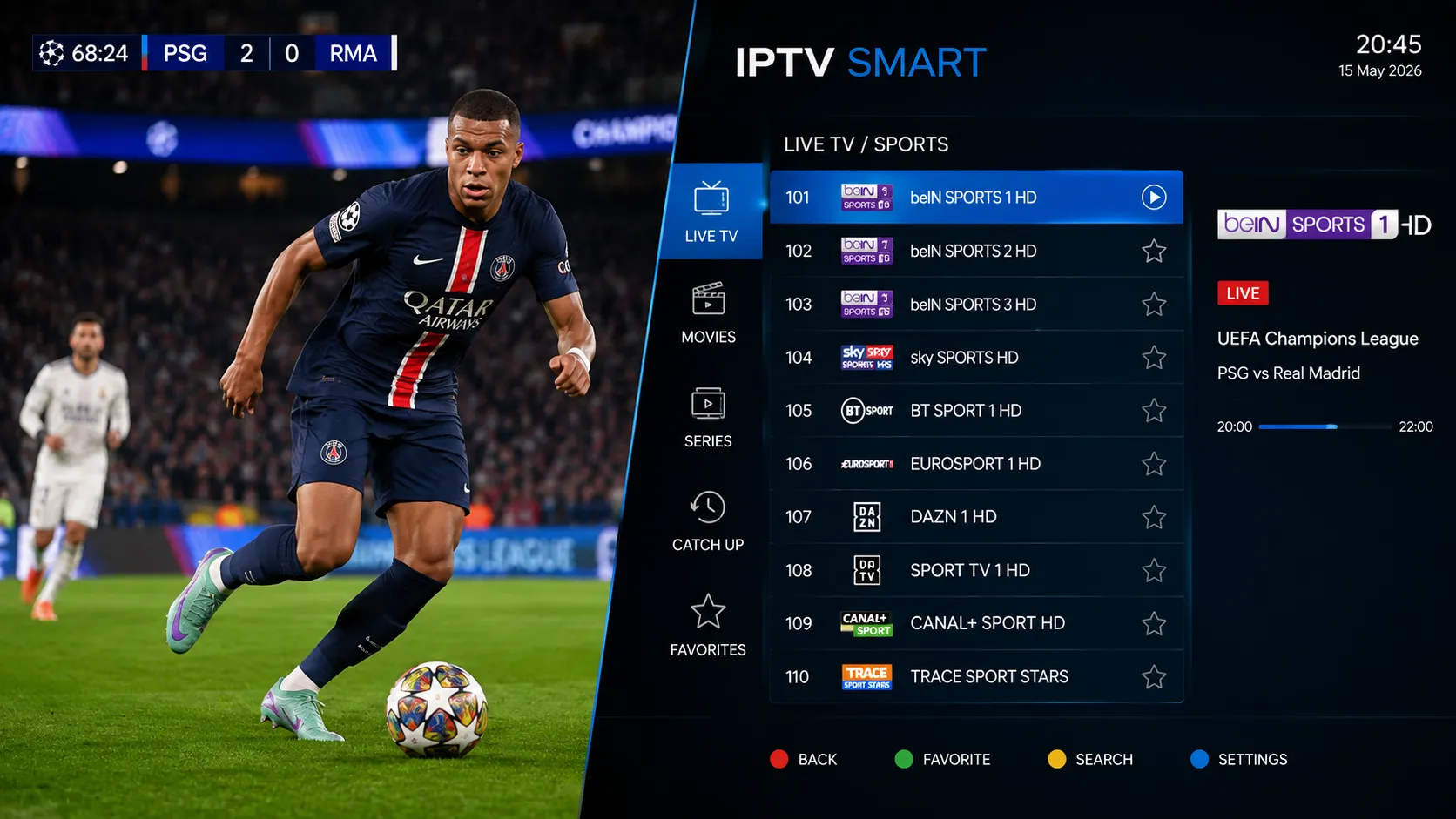 IPTV streaming dashboard showing organized M3U playlists and live channel guide