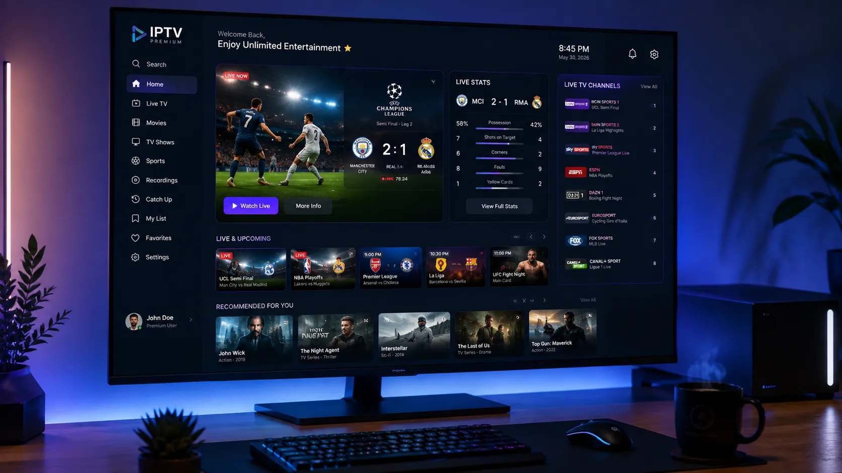 IPTV subscription successfully configured on an Android TV box showing live channel guide and stream quality options