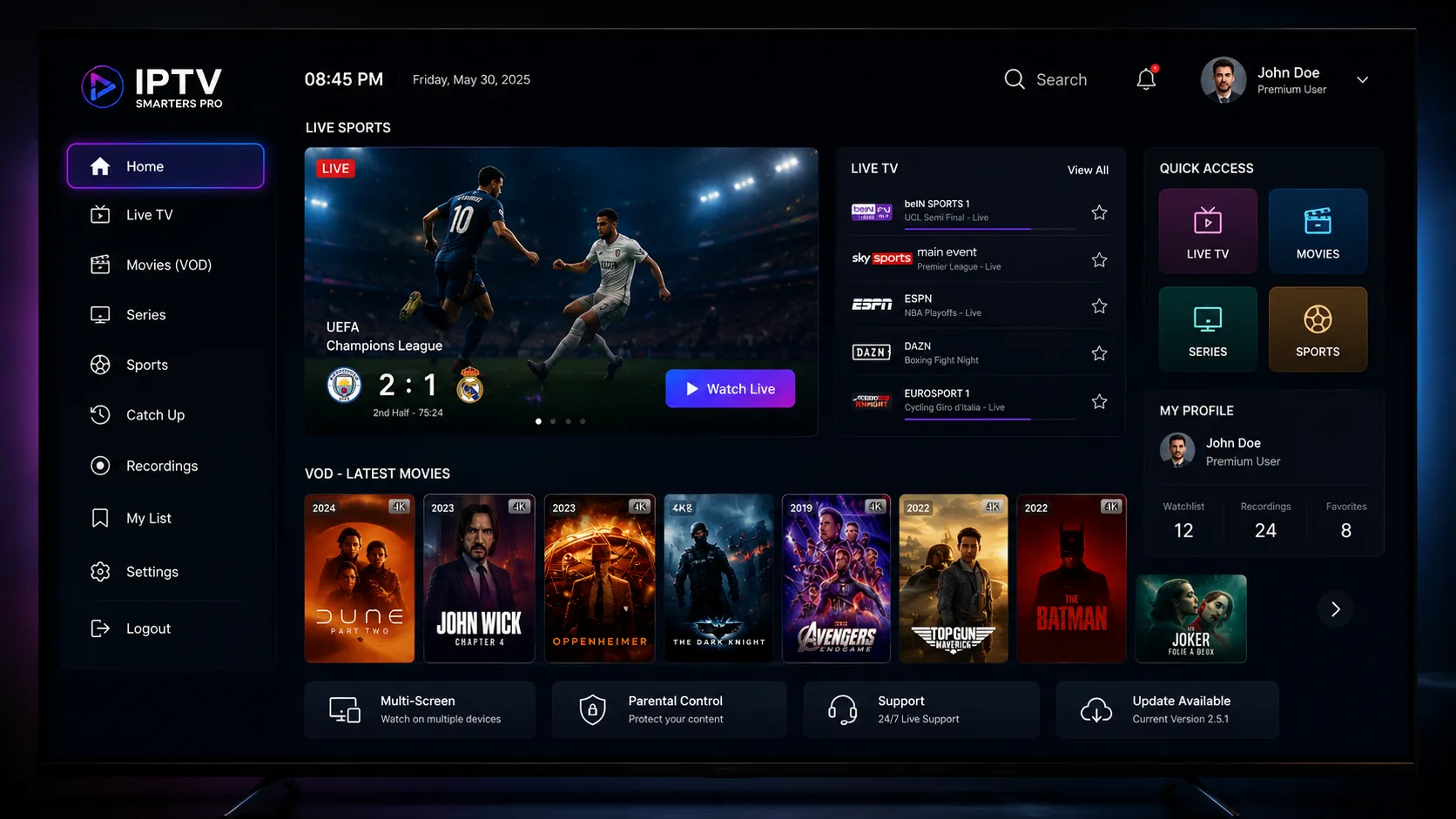 TiviMate IPTV player showing a full EPG program guide grid on an Android TV with multiple US sports channels visible