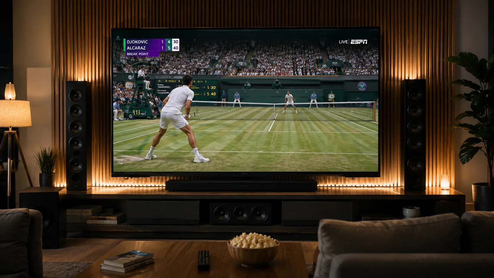 TiviMate IPTV player EPG guide showing a full program schedule grid on an Android TV with channel logos and US live sports highlighted